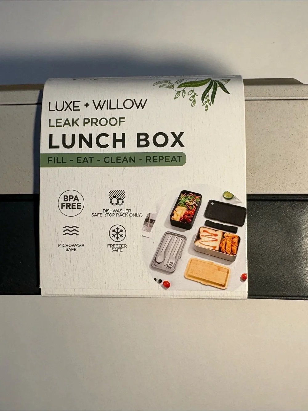 NWT Bento Lunch Box 2 Tier Leak Proof Cutlery Black Gray Nesting Bamboo Lid